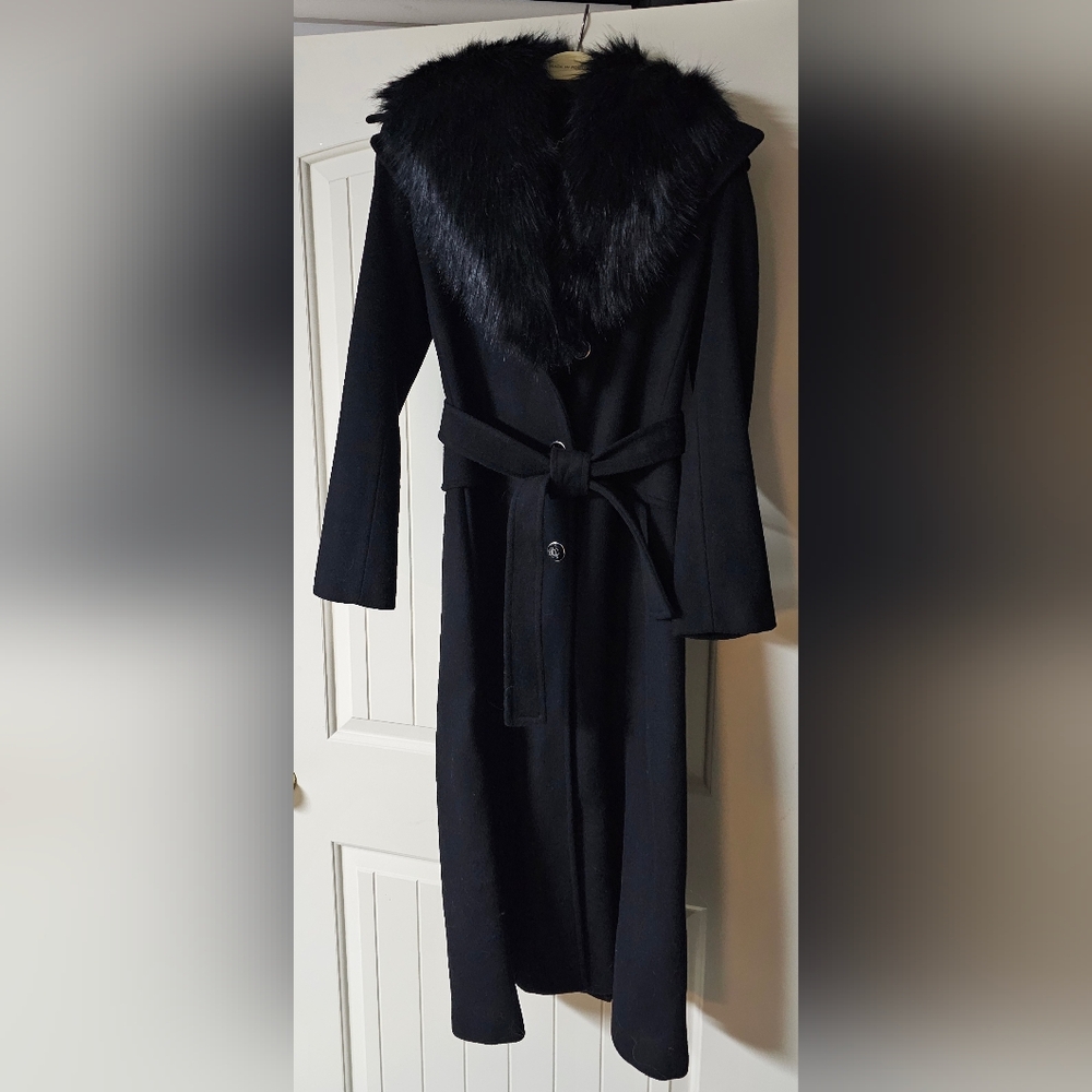 Calvin Klein Black Faux Fur Collar Coat